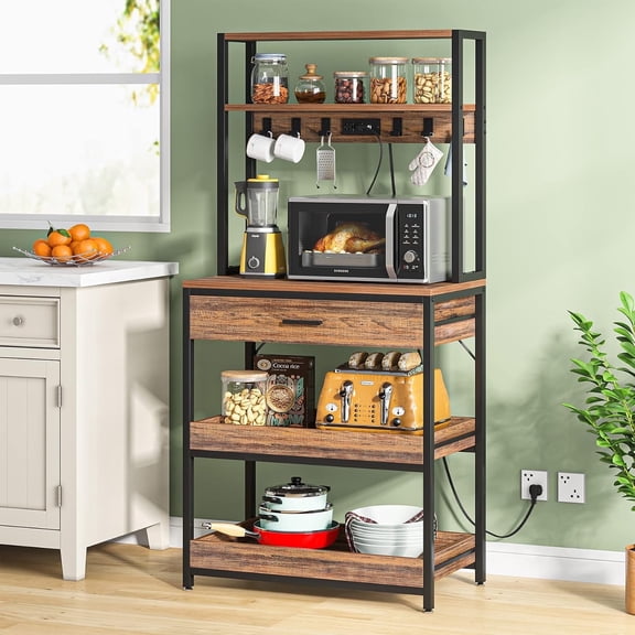 Fnova 5-Tier Baker Rack with Charging Station, 65"H Kitchen Storage Shelf, Microwave Oven Stand with Drawer & Sliding Shelves, Coffee Bar Table with 6 Hooks, Brown