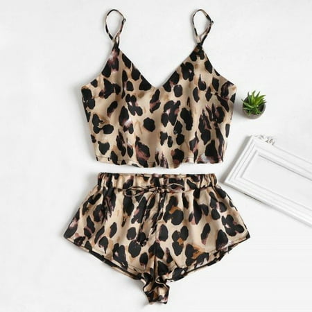 

QWERTYU Women s Leopard Silk Pj Set Nightwear Cami and Shorts Sets Two-Piece Sleepwear Pajamas Set Lounge Brown XL