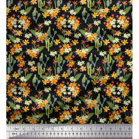 Soimoi Cotton Duck Fabric Cactus,Leaves & Tropical Flower Floral Print Fabric by The Yard 42 Inch Wide