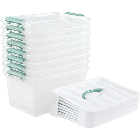 14 Quart Plastic Lidded Storage Bins, Clear Storage Box with Handle, Set of 8