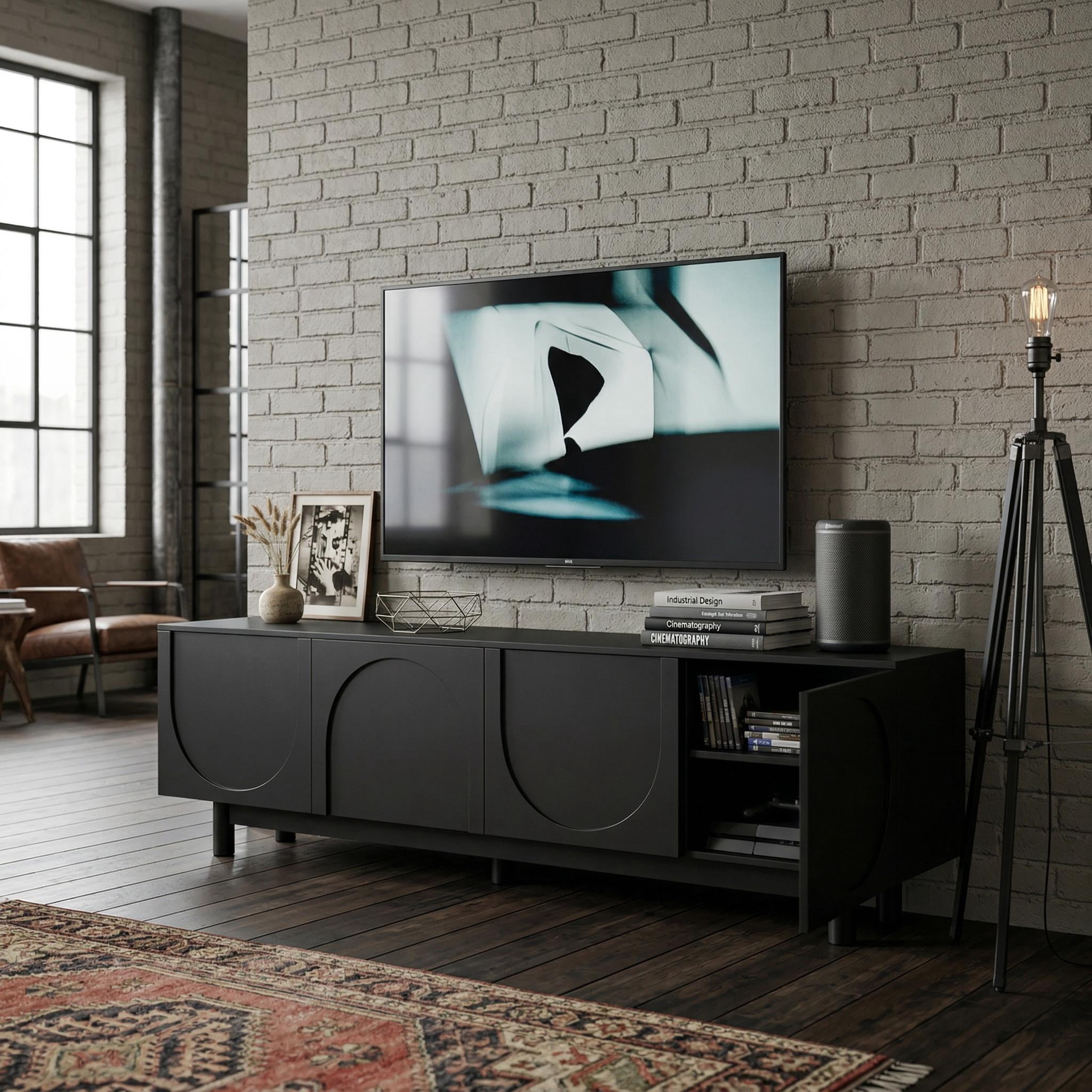 Homy Casa TV Stand for TVs up to 75", Black Entertainment Center with Storage Cabinets
