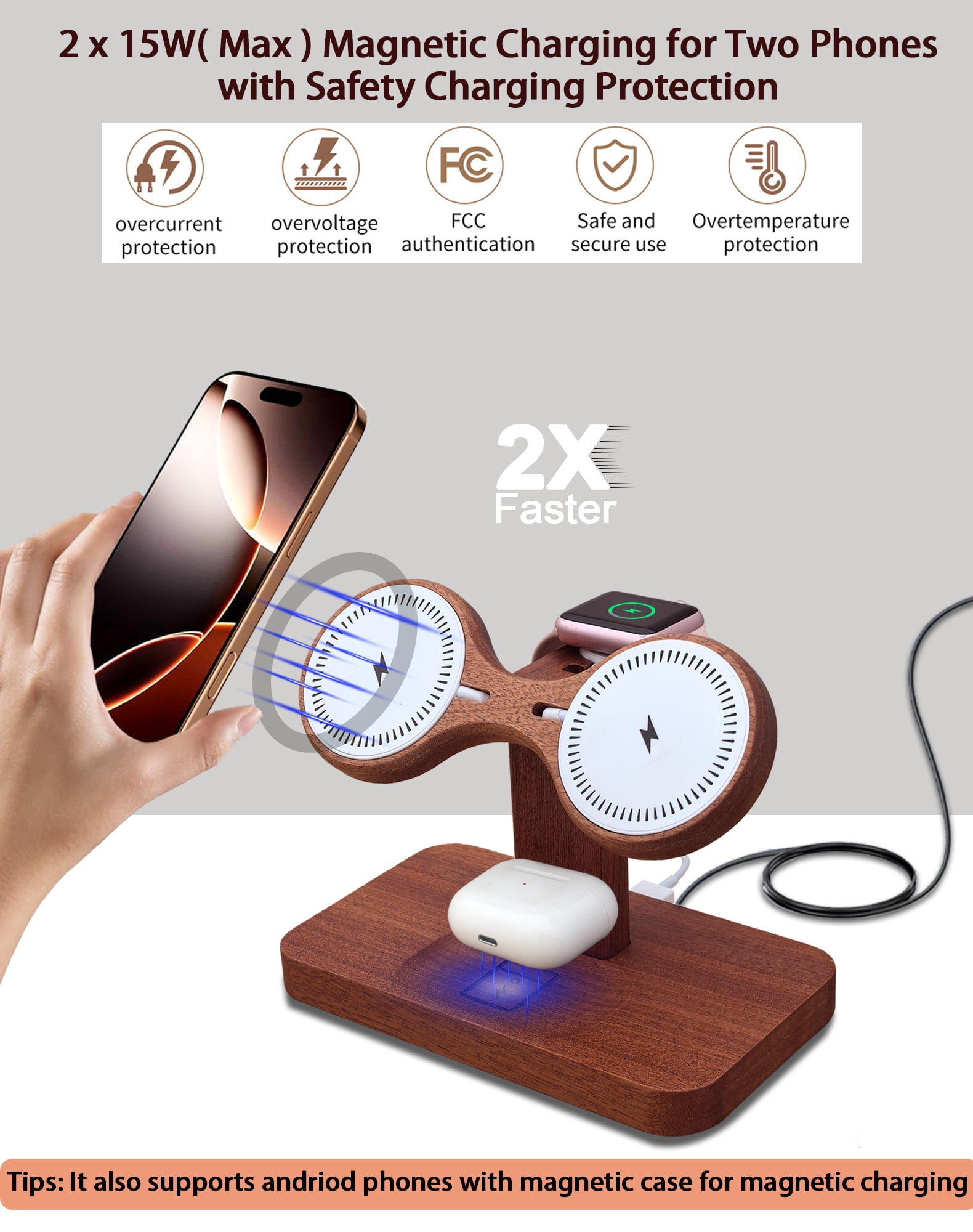 Dual Phone Charging Station for Apple Devices,Wood Magnetic Phone Charger Stand for Two iPhone 17 16 15 14 13 12 Mini Se,Wireless Charger Apple Charging Station for iWatch Series AirPod 4 3 2 Pro