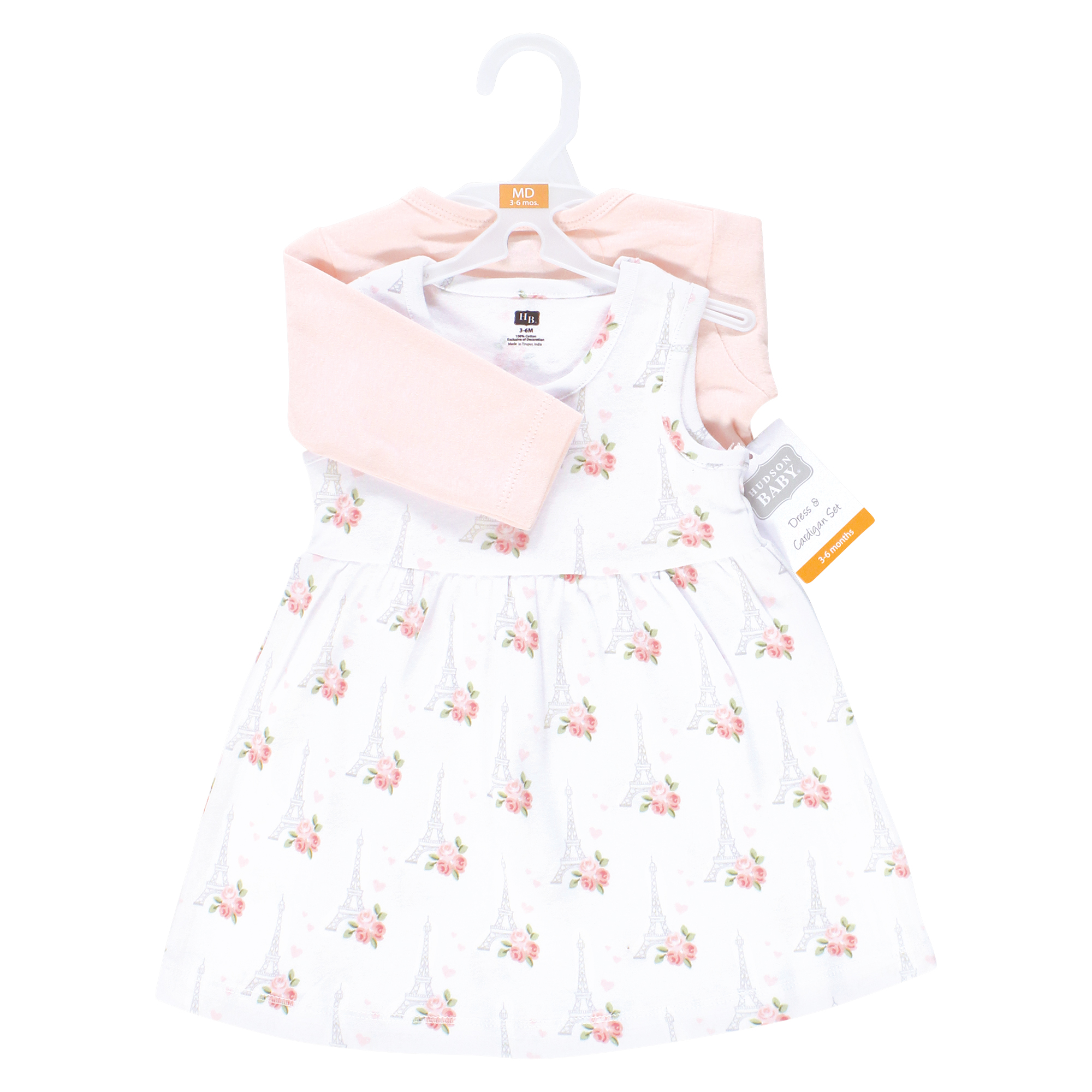 Hudson Baby Girls Cotton Dress and Cardigan Set, Bonjour Paris, 6-9 Months