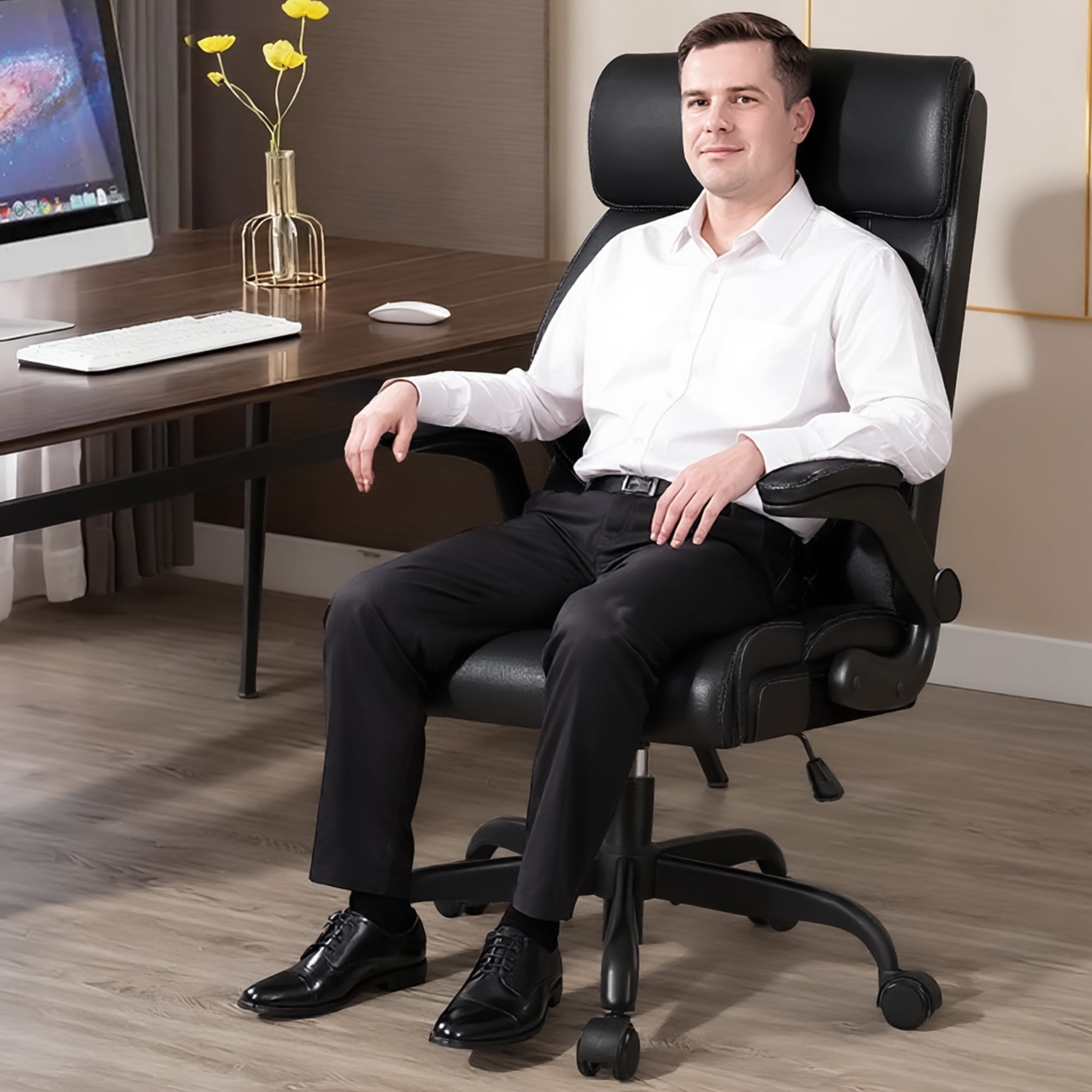 FASTES Office Chair, Ergonomic Computer Desk Chair with Rocking Function, Big and Tall Leather Office Chair with Adjustable Flip-up Armrests and Lumbar Support, Black