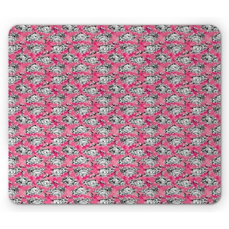 Peony Mouse Pad, Greyscale Flower Chintz Rose Print on Vivid Tone Background, Rectangle Non-Slip Rubber Mousepad, Hot Pink Pastel Pink, by Ambesonne