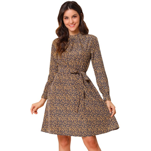 Vestido Floral De Una Línea De Manga Larga Allegra K Azul amarillo L