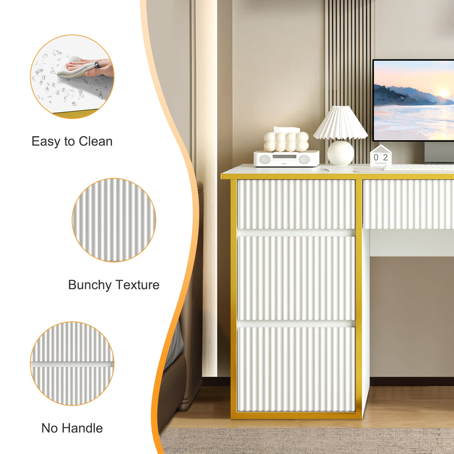 DreamCurship White Desk with Drawers, Computer Desk with Storage, Writing Desk for Bedroom, White and Gold Desk