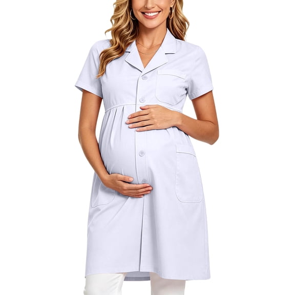 PBFRDSJ Womens Maternity Scrub Dress Button Down Lapel 1/4 Sleeve T-shirt Dress Comfy Nursing Uniform with Pockets