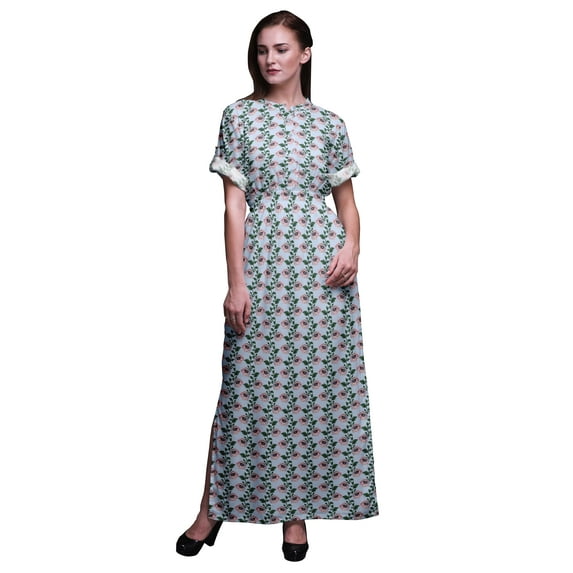 Bimba Rayon Leaves & Anemone Floral Smocked Waist Printed Gown Maxi Side Slit Ladies Dress-XXX-Large