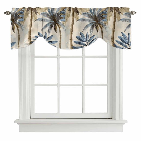 Tie Up Valances for Windows, Palm Trees Adjustable Valance Curtains Window Treatment for Living Room/Bedroom, Blue Brown Vintage Watercolor Tropical Rod Pocket Kitchen Curtains & Drapes 42x12 Inch