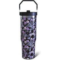 Halloween Gothic Skull 30oz Tumbler Gifts for Women Men, Skull Floral Stainless Steel Insulated Cup, Top Handle and Flip Straw Water Bottle Mug