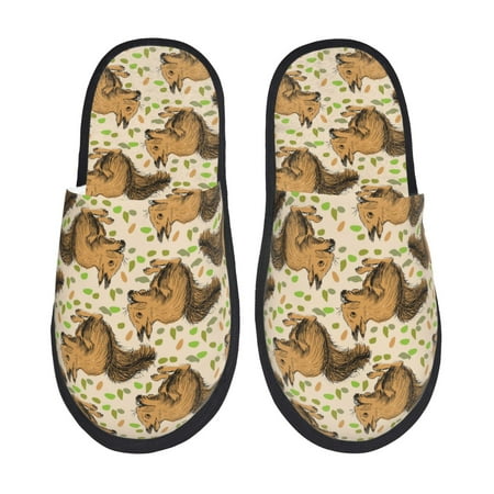 Balery Cute Squirrel with Green Leaves Slient Indoor Furry Fleece Comfort House Shoes Soft Non-Slip Home Shoes Cotton slippers House Slippers-- Large