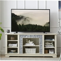 JERFIT 65 inch TV Stand with Fireplace Mantel, Faux Stone Entertainment Center Console with Storage Cabinets & Adjustable Shelves, White