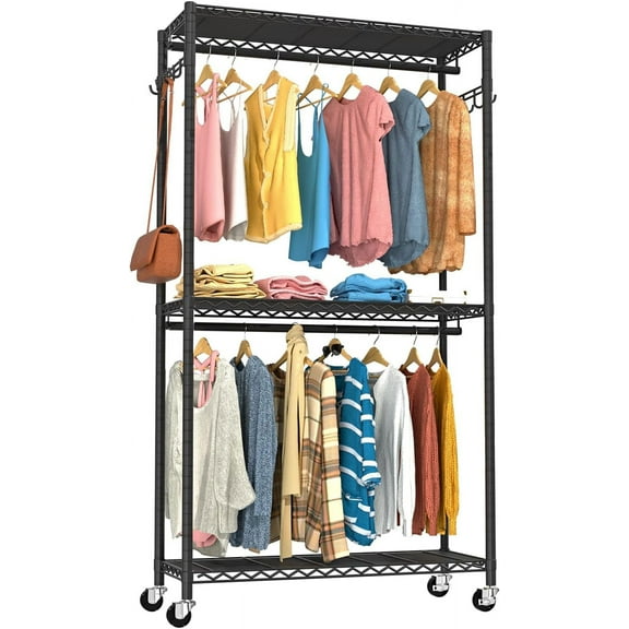 Clothes Rack, Clothing Racks for Hanging Clothes, 3 Tiers Adjustable Garment Rack with Wheels | Double Rods | Side Hooks | Heavy Duty | Load 445lbs | 15.7" D x 35.43" W x 78.34" H | Black