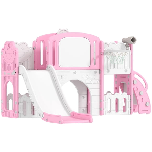 Qaba 7-in-1 Indoor Play Center with Slide, Basketball Hoop, Crawl Tunnel, Telescope & Drawing Board, Pink HDPE Activity Gym for Living Room, 69.3"L x 59.1"W x 37"H