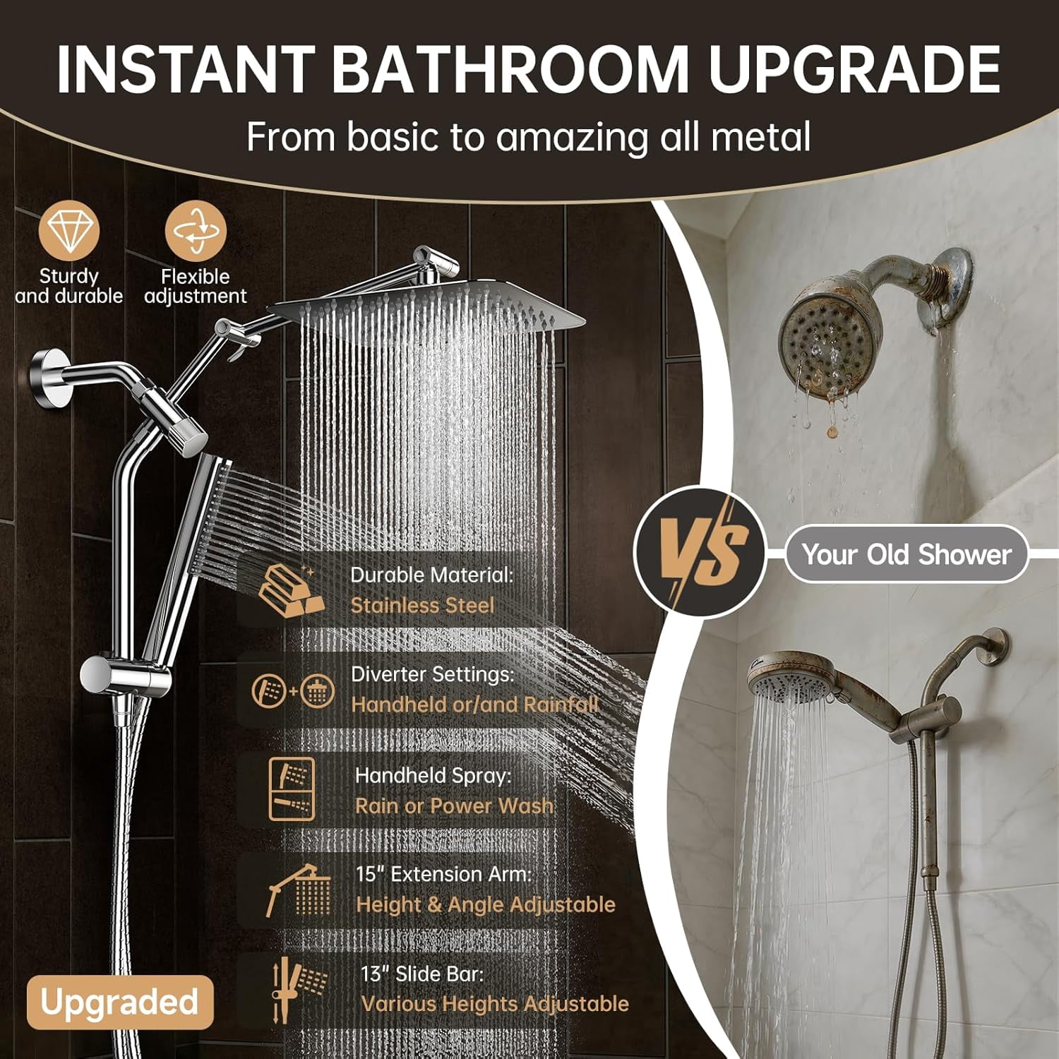 Metal 10" Shower Head with Handheld, Luxurious Square Double Rain Shower Heads,Power Wash Wand,Dual High Pressure Detachable Rainf Showerhead with Spray Combo,Extension Arm,Chrome,Sliver