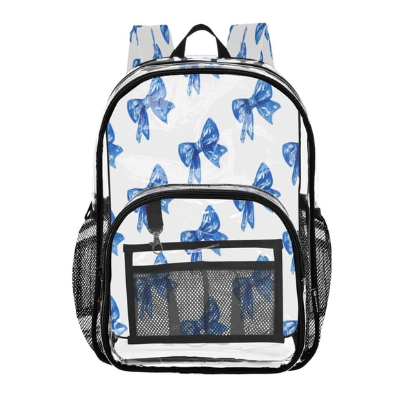 PVC Transparent Backpack Stylish & Durable Clear Backpack Perfect for School, Travel and Outings Blue Bows Pattern