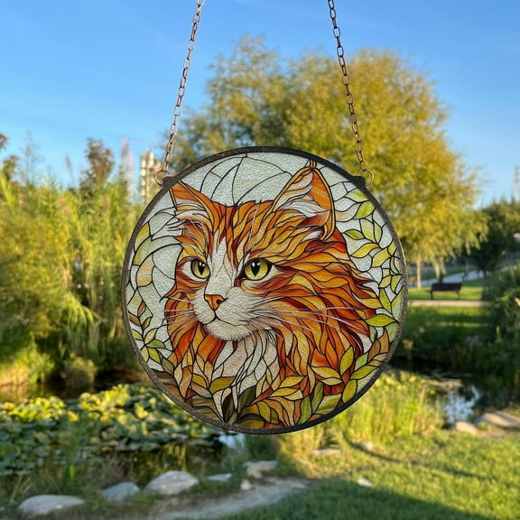 Orange Cat in Greenery Stained Glass Style Wall and Window Decoration, Sun Catcher Wall Art, Indoor Decor, Gifts for Women, Window Hanging