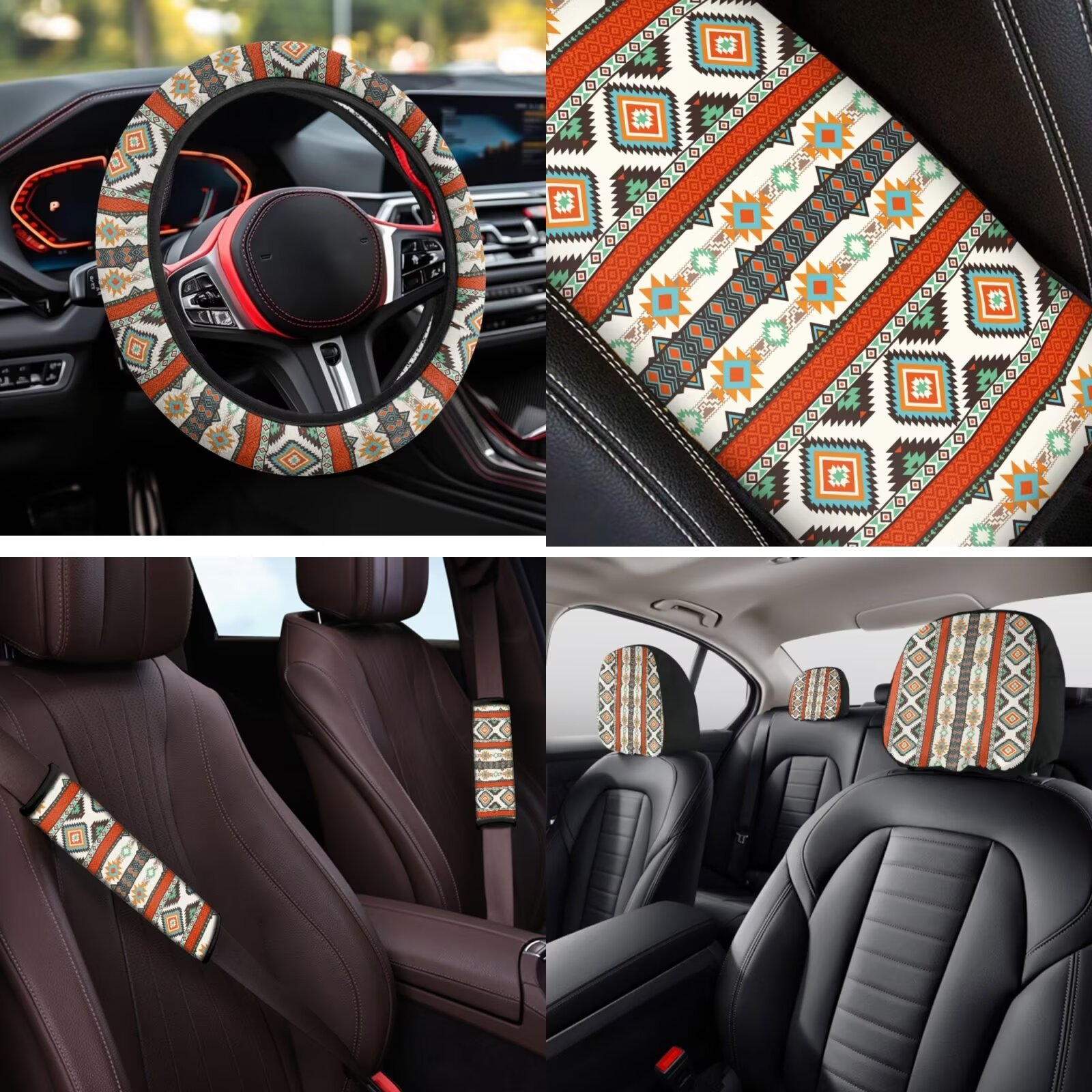 Garronmavis Aztec Geometry Automobile Seat Covers Sets 14 Pcs Car Steering Wheel Cover Head Rest Protector Armrest Cover Seat Belt Covers Keychain and Coaster Universal Fit for Most Cars SUV