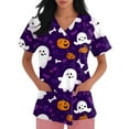 thumbnail image 4 of Knosfe Halloween Scrub Tops for Women V Neck Scary Pumpkin Ghost Casual Scrubs Short Sleeve Horror Spider Bat Fall Nurse Uniform Purple 3XL, 4 of 5