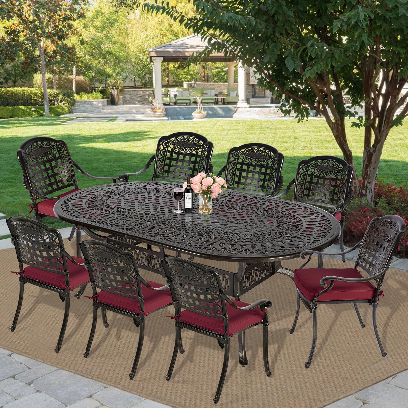MEETWARM 9-Piece Outdoor Furniture Dining Set, All Weather Cast Aluminum Patio Garden Set with 8 Chairs, 8 Cushions, 1 Oval Table, 2.2" Umbrella Hole, Dark Bronze, Chili Red