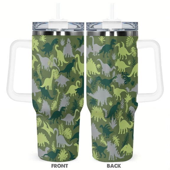 Jurassic Dinosaur Jungle 40oz Car Tumbler Insulated Travel Cup with Handle and Straw Green Dino Forest Stainless Steel Vacuum Coffee Cup Gift for Kids and Adults