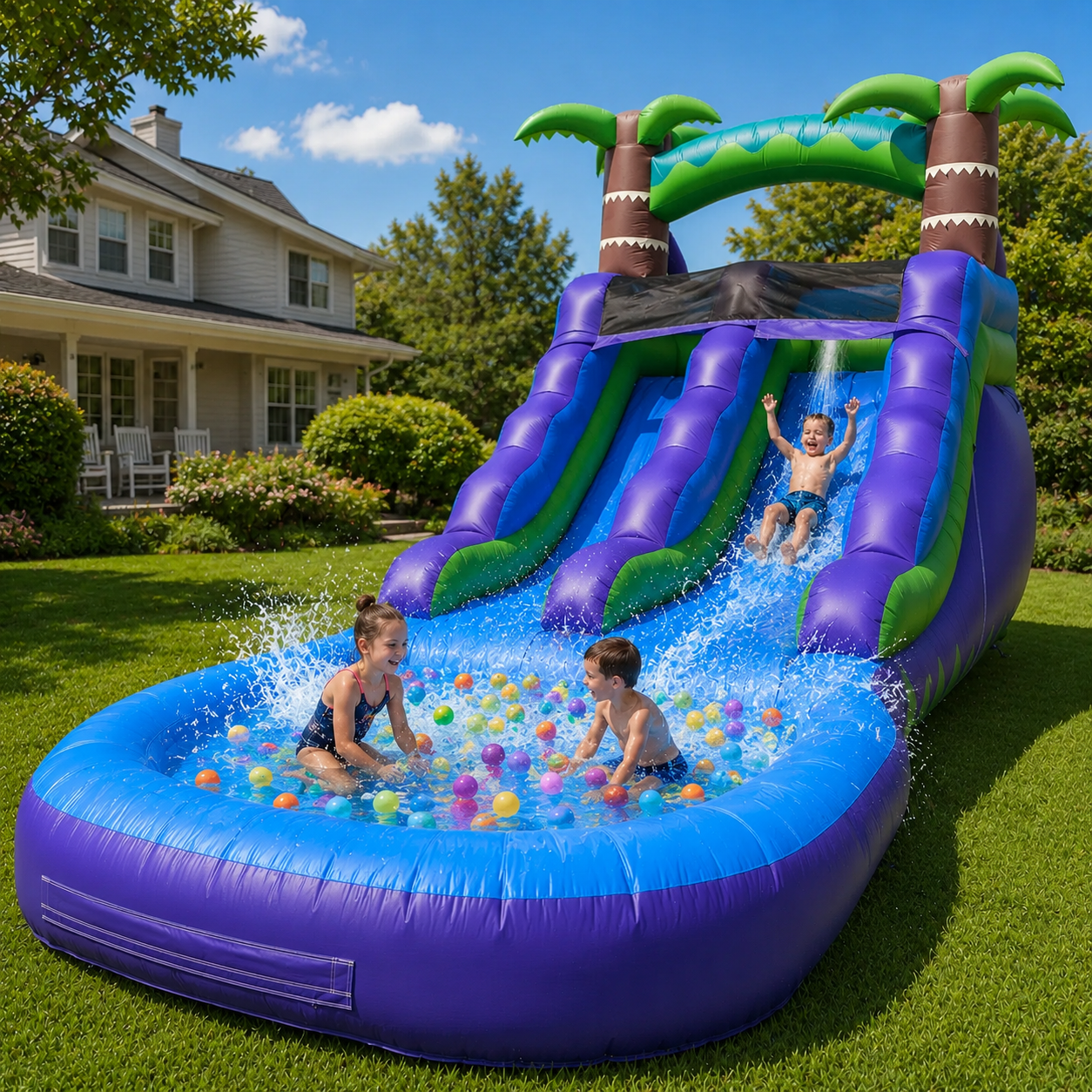 21ft Commercial-Grade PVC Inflatable Water Slide with Splash Pool & Blower, Wet/Dry Backyard Water Slide for Kids Summer Parties, Blue & Purple