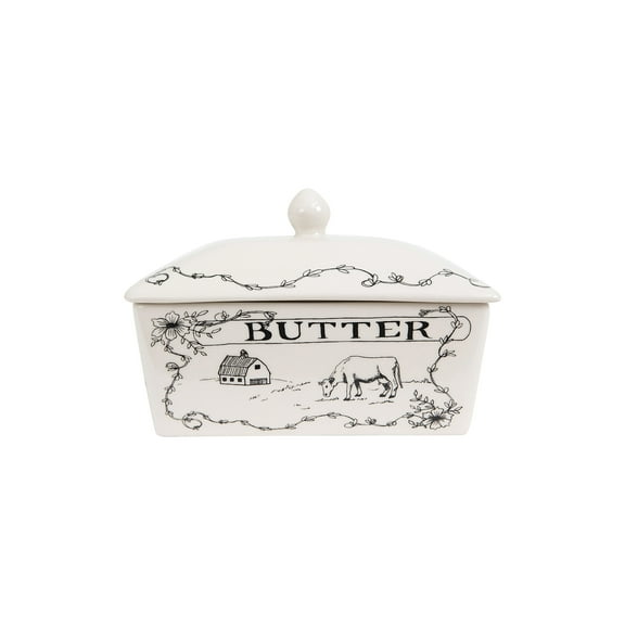 Creative Co-Op Country Style White & Black Stoneware Butter Dish with Lid