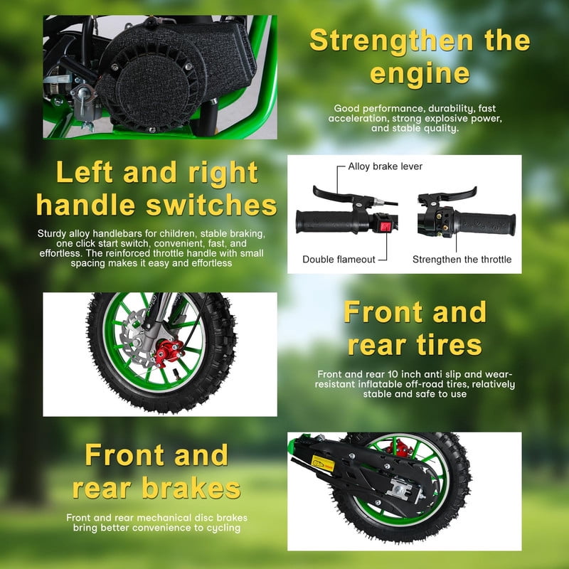 Seipouy 49cc 2-Stroke Dirt Bike, Gas Dirt Bike for Kids, Off Road Mini Motorcycle, Pocket Motorbike with Front Rear Disc Brakes, Racing Max Speed 40KM/H