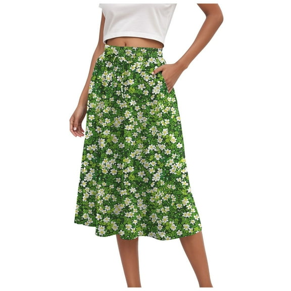 vigerkar Womens Min Skirt Summer Trendy Tie Knot Elastic High Waisted Boho Casual Beach Flowy Swing Long Skirts with Pockets Green, XXL