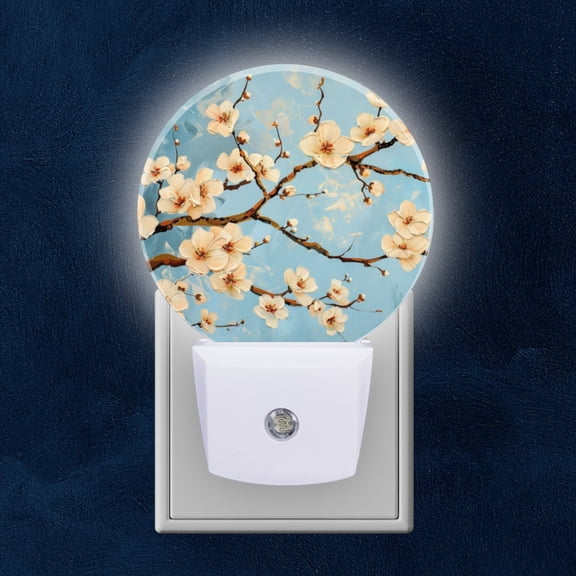 Night Light Plug into Wall,Dusk to Dawn Sensor Auto-On/Off for Bathroom, Hallway,Kids Room-White Flowers On The Branches Against Sky-Blue Background