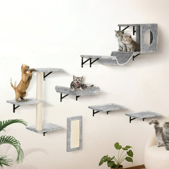 FITHOOD Wall Mounted Cat Shelves Tree with Jump Boards Hammock Sofa Grip Set of 6