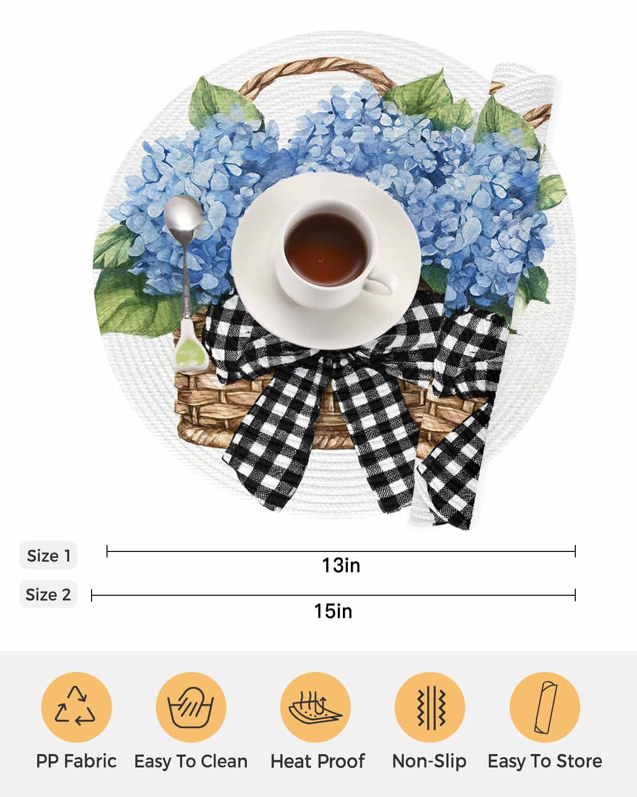 13 Inch Round Placemats Set of 4, Blue Hydrangea Flower Non Slip Heat Insulation PP Table Mats, Spring Summer Black White Bow Floral Washable Place Mats for Kitchen Dining Party Table Decor