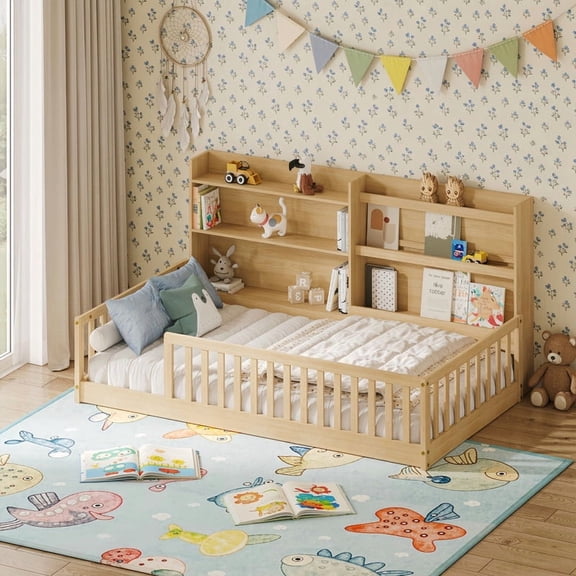 Twin Size Kids Montessori Floor Bed with Bookshelf & Safety Guardrail, Wood Low-Profile Platform Bed Frame with Slats