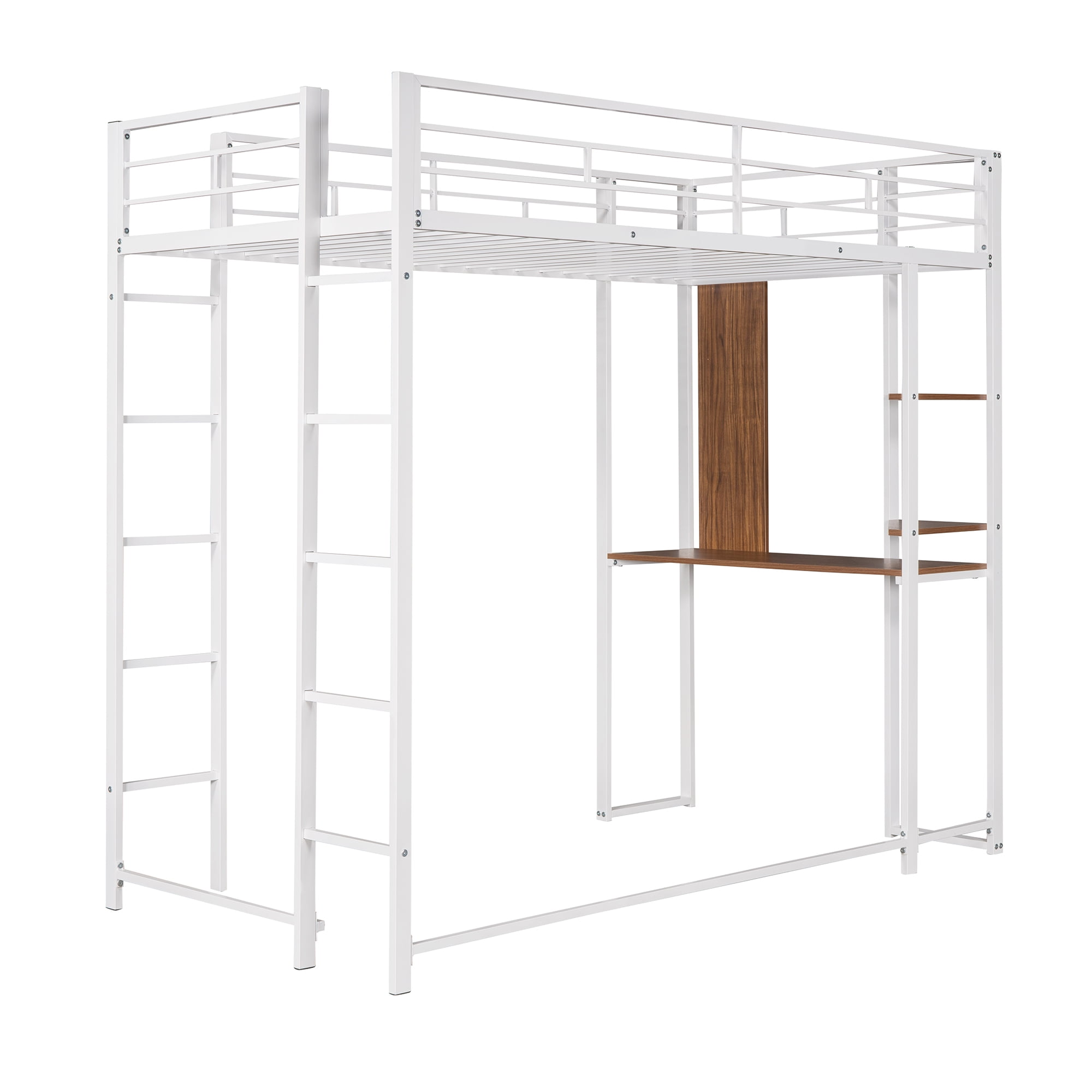 Gewnee Metal Twin Size Loft Bed with Desk, Two Shelves and Built-in 2 Ladders for Kids Teens,White