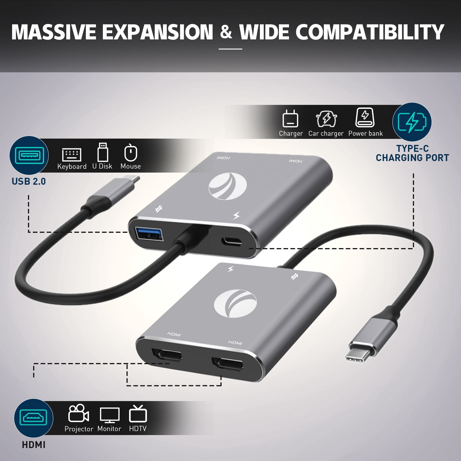 VCOM USB C to Dual HDMI Adapter Support MST, 4K@60Hz and Dual 4K@30Hz, Type C to HDMI Converter with USB 2.0, 100W PD Charging Port, Compatible with Thunderbolt 3 Port, MacBook Pro/Air, iPad Pro