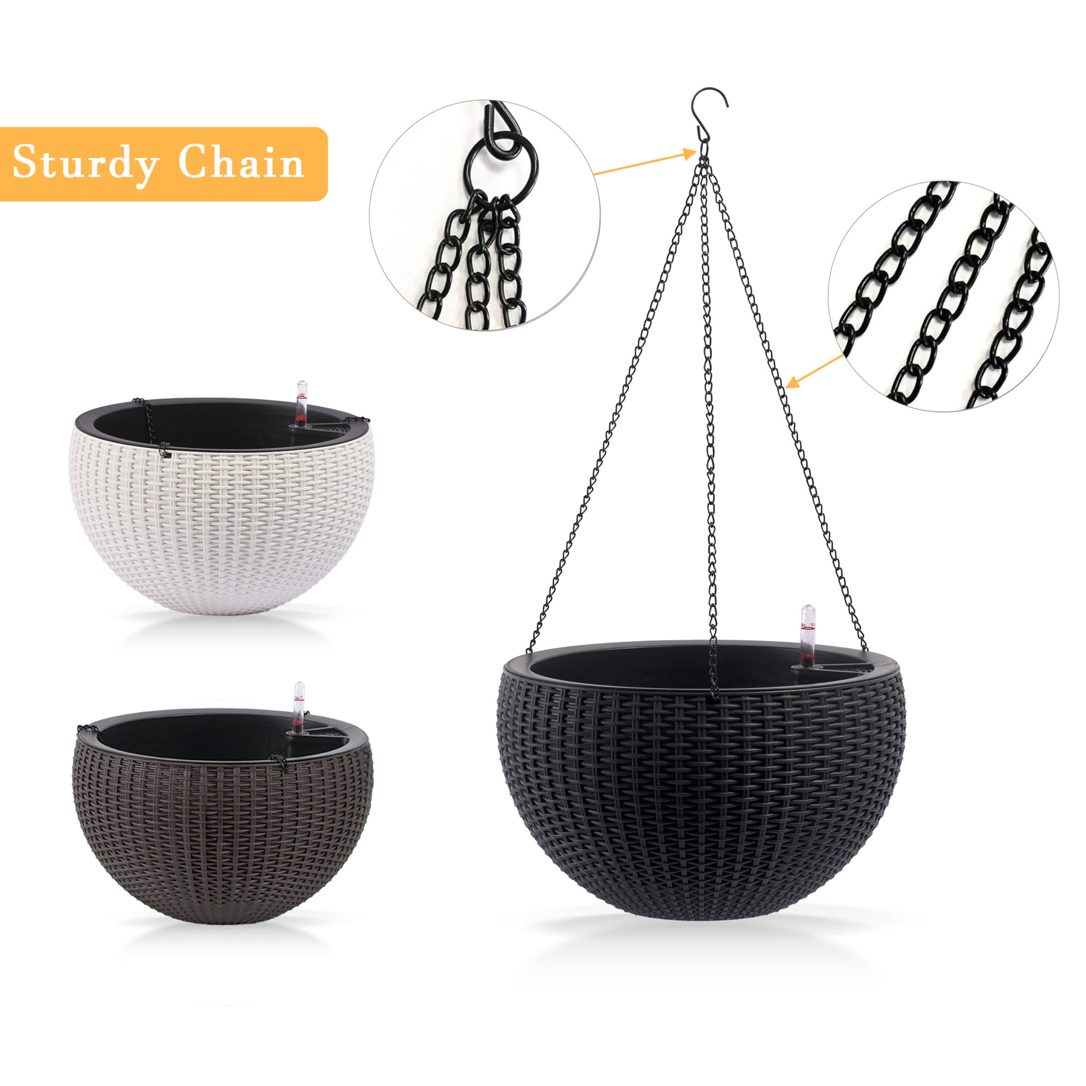 Noble House 2 Pack 13.4" Self-Watering Hanging Planters, Rattan-Style Flower Pots, Black