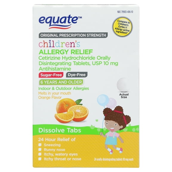 Equate Children's Allergy Relief Cetirizine Hydrochloride Antihistamine Orally Disintegrating Tablets, Orange Flavor, 10 mg, 24 Count