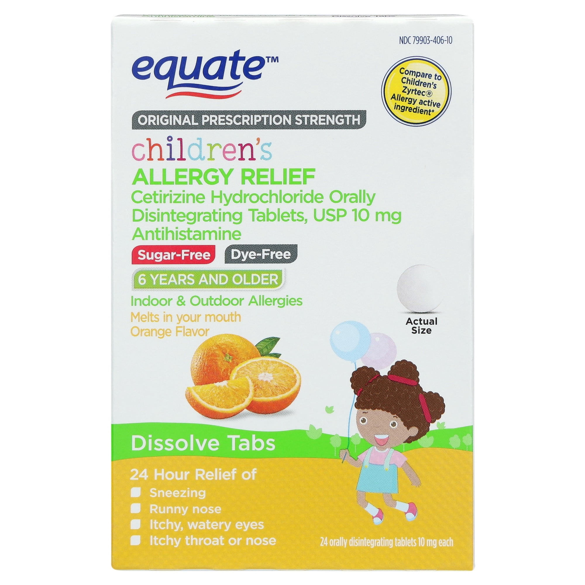 Equate Children's Allergy Relief Cetirizine Hydrochloride Antihistamine Orally Disintegrating Tablets, Orange Flavor, 10 mg, 24 Count