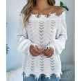 thumbnail image 6 of Women'S Solid Color Openwork Long-Sleeved Sweater, Off-Shoulder Knit Pullover White XL, 6 of 9