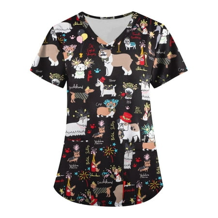 

EHTMSAK Scrubs Tops for Women with Print Cartoon Printed Christmas Short Sleeve Working Uniform Tops Cross V-Neck Fun T-Shirts Workwear with Pockets Black 2X