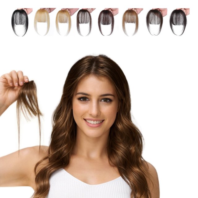 Extensions de Cheveux Humains à Clip pour Femmes / Frange Courbée Semi-Tissée à la Main avec Tempes / Brun Naturel Noir Blond / Véritable Postiche / 1 Pce / Tempes de 22cm Frange de 14cm