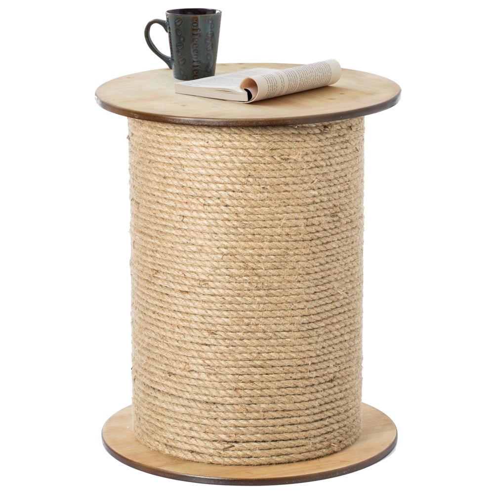 Decorative Round Spool Shaped Wooden Accent Side Table with Rope