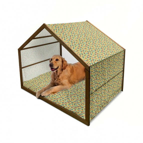 Colorful Pet House, Retro Hipster Fashion Geometrical Abstract Shapes in Colorful Design Simple Tile, Outdoor & Indoor Portable Dog Kennel with Pillow and Cover, 5 Sizes, Multicolor, by Ambesonne