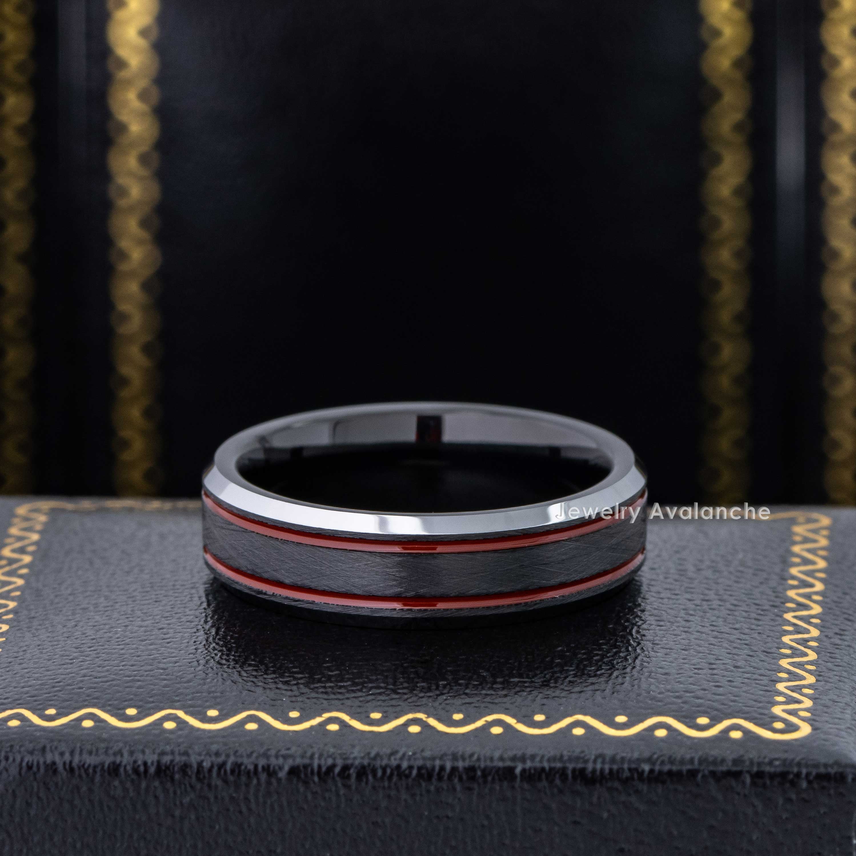 Jewelry Avalanche Double Red Grooved Accent Tungsten Wedding Band for Men Women, Firefigther Ring, 6mm, size 10