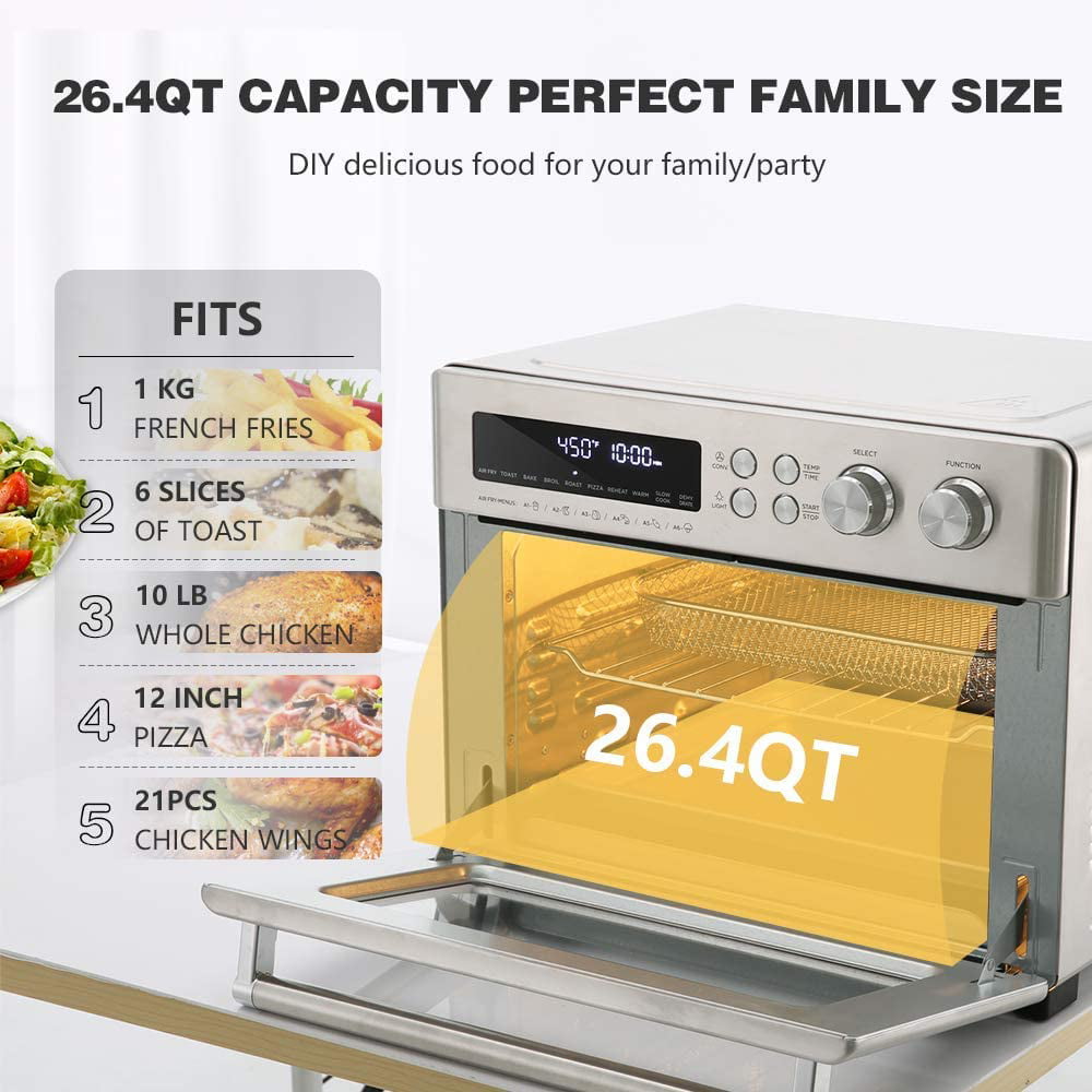 HISSUN Toaster Oven,26.4QT Convection Air Fryer Oven 10 in 1 Dehydrator/Toast/Bake/Broil/Roast/Pizza Settings,1750W 6 Slice Countertop Pizza oven Stainless Steel
