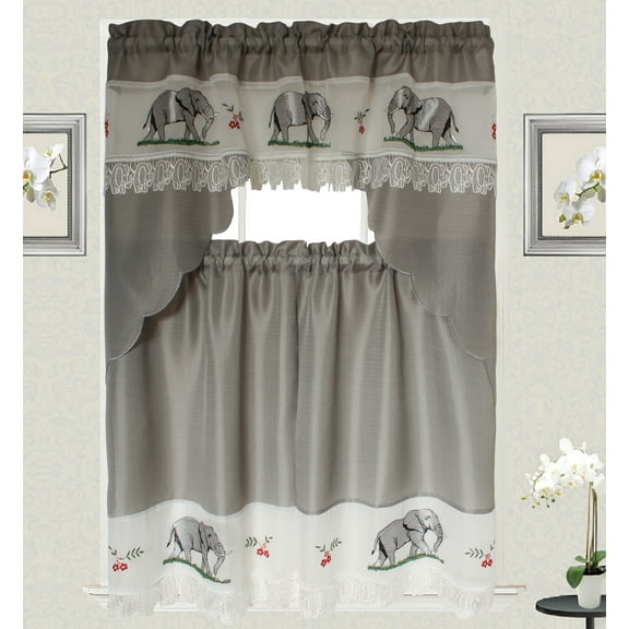 Elephant Macrame Embroidery Design 3pc Curtain Set for Kitchen and Home window treatment Consist of 2 Bottom Tiers: 30"X36" each and top Swag: 60"X36"