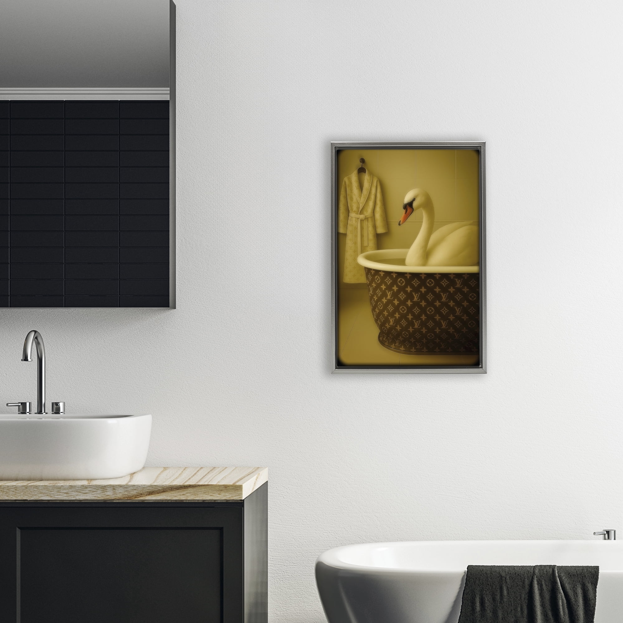 Stupell Industries Couture Swan in Luxury Tub Gray Framed Floater Canvas Wall Art, design by Grotto Studios
