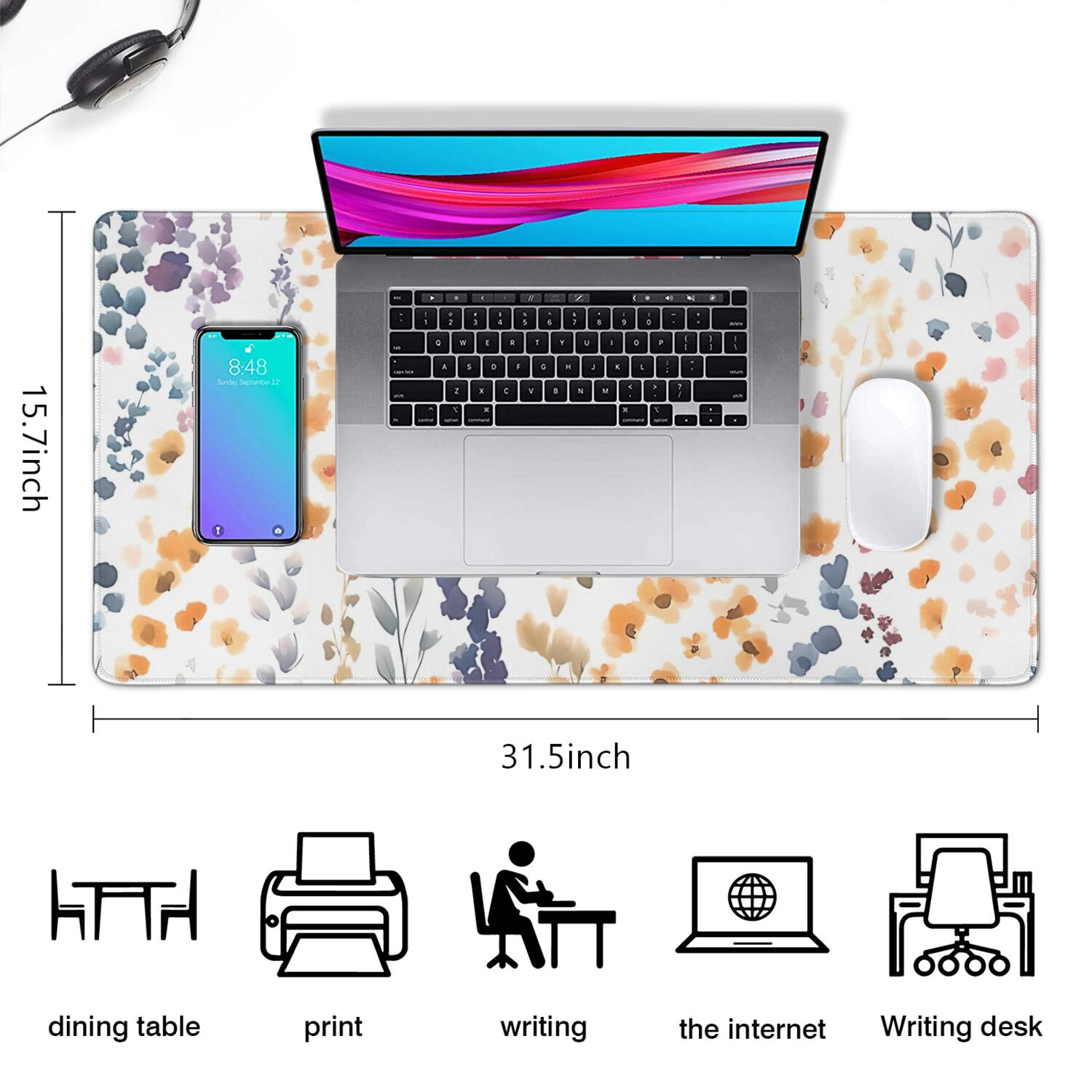 Long Mouse Pads for Desk,Pioneer Flower Floral Print Pattern Desk Mats on Top Of Desks, Desk Mouse Pad Extra Large with 3mm Non-Slip Base and Stitched Edge for Gaming,Office,Work,Home 31.5"x15.7"
