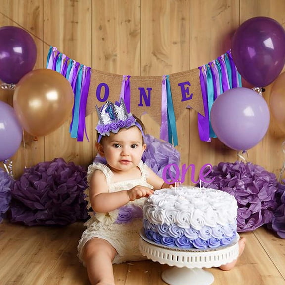 OFFIGAM One High Chair Banner Purple for First Birthday Celebration Decor